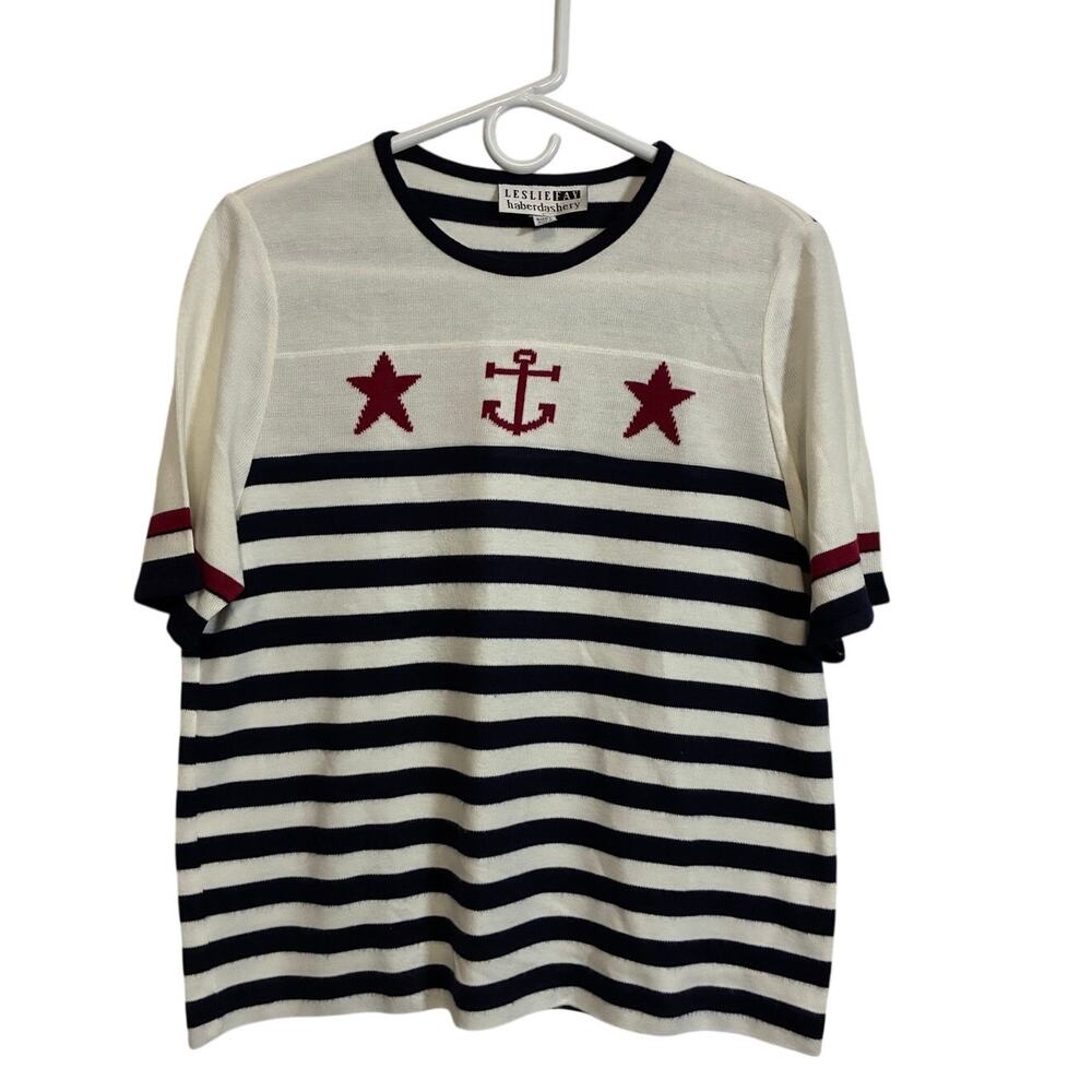 Leslie Fay Haberdashery L Nautical Striped Knit Top Anchor Stars Coastal Preppy